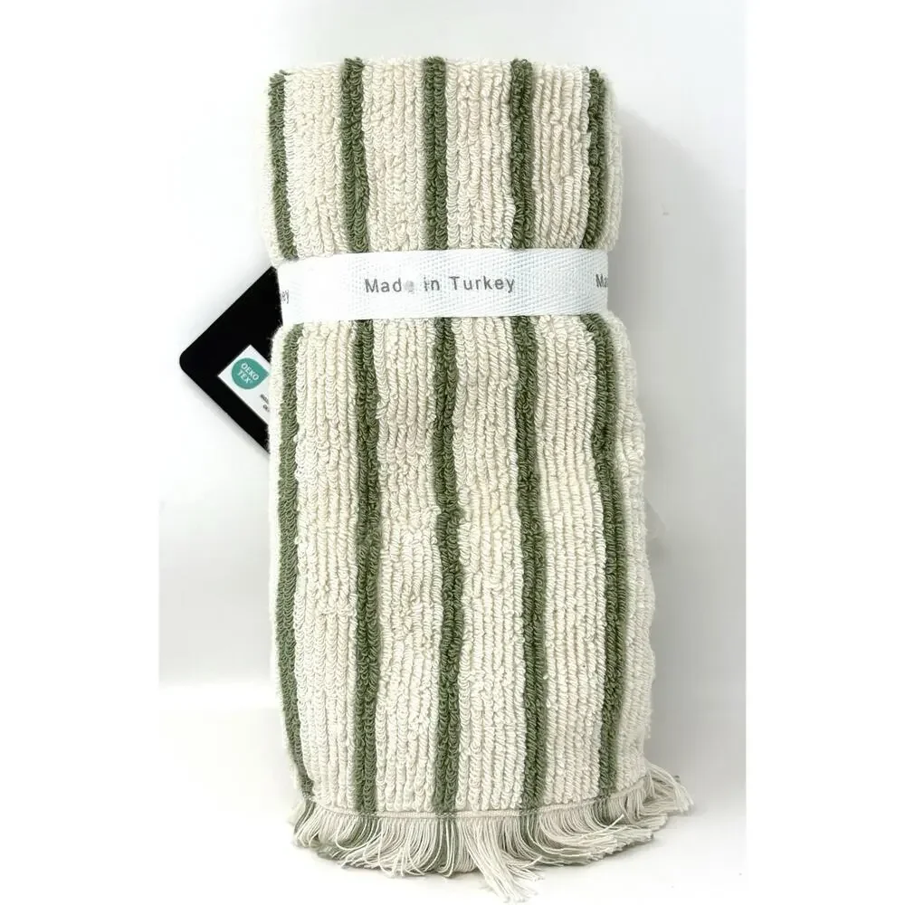 Brooks Brothers Turkish Cotton Green Stripe Fingertip Towels Fringe Tip